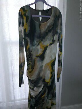 COLLEEN LOPEZ Lg Slve Scoop Neck Side GatherUp Swirl Design Lined Maxi Dress XL